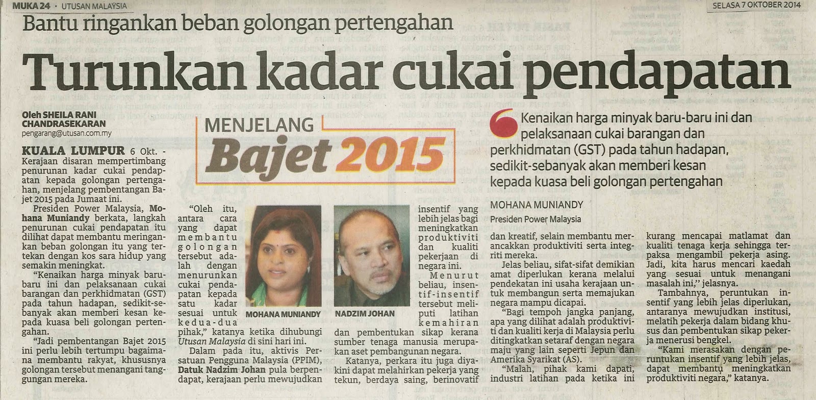2143 Arkib Berita Ppim 7 10 2014 Utusan Malaysia Turunkan Kadar Cukai Pendapatan Ppim